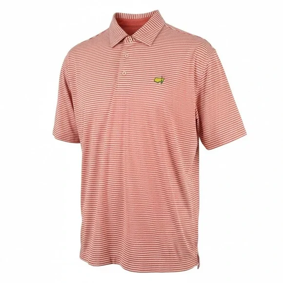 Masters Tech Mens Golf Polo Shirt Large Orange White Striped Short Sleeve Logo - Picture 1 of 10